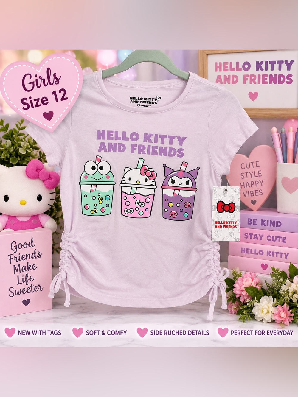 Hello Kitty Kuromi & Friends Girls Size 12 Boba Graphic Ruched Side T-Shirt NWT